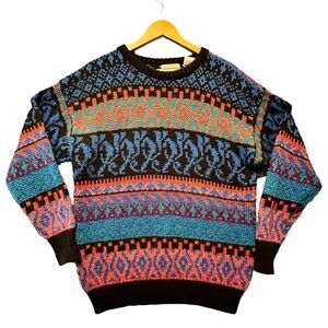 VTG 80s Womens Cosby Sweater 22W Stripe Geometric Colorful Abstract Grandpa FLAW
